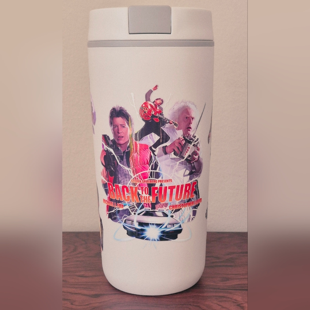 🪻3/$25 Back to the future insulated travel 20oz mug tumbler white grey lid NEW
